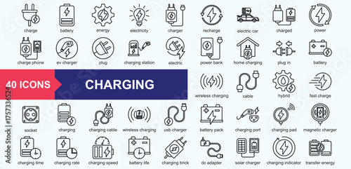 Charging icon set. Containing battery, energy, electricity, charger, recharge, electric car, charged, power