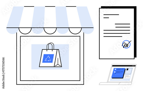 Storefront with eco-themed shopping bag, document signed digitally, and laptop showcasing online payment. Ideal for e-commerce, sustainability, contracts, online shopping, digital business