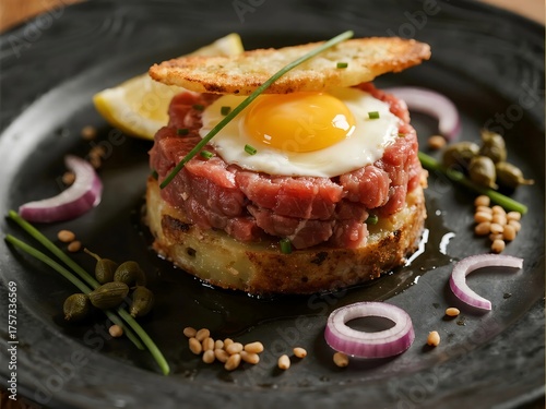 Wagyu steak tartare, crispy potato pave, shallot, grain mustard, lemon, caper, chives and egg yolk gel