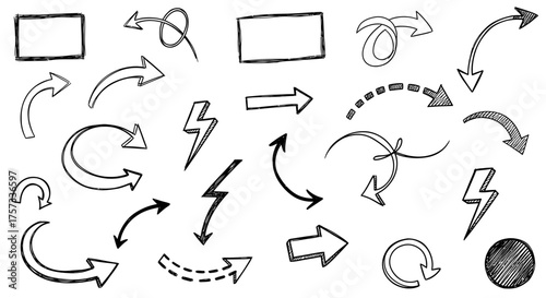 Collection of hand drawn arrows and shapes in various directions, styles, and orientations on a.