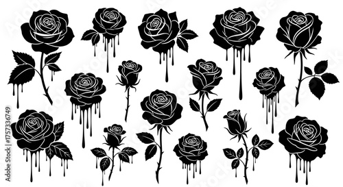 Collection of black rose silhouettes with dripping elements, creating a visually striking and.