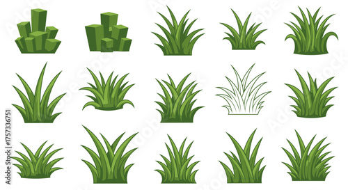 Various bunches of green grass are depicted in different shapes and arrangements, some with blocky.