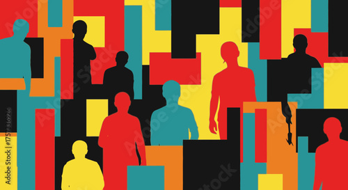 Silhouettes of people are placed among geometric shapes, creating a colorful and dynamic visual.