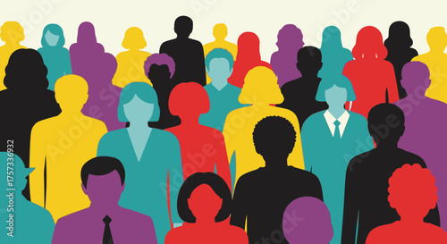 A diverse group of people is shown in a colorful crowd, representing unity and community.