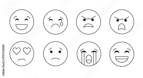 Set of eight different facial expressions represented by simple black and white emoji outlines.