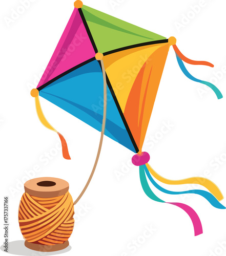 Soaring Colors Symphony: Vibrant Colored Kite With Yarn Reel Vector Illustration - Sky Dance Freedom Flying With Playful Wind Magic