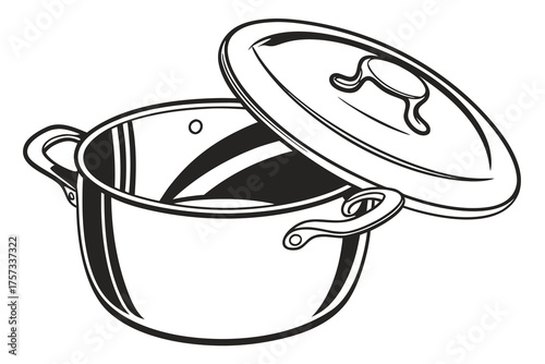 Illustration of a cooking pot with two handles and a lid slightly ajar showcasing the pot's interior