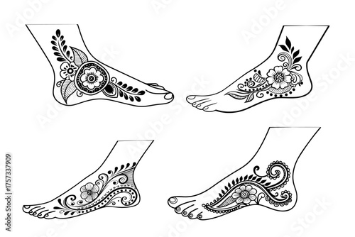 Intricate henna tattoo foot design illustration in detailed black and white line art, traditional mehndi motifs, mehndi foot designs silhouette pack