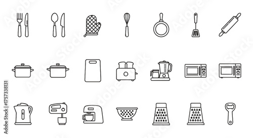 Collection of hand drawn kitchen utensils and appliances icons