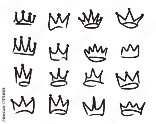 Collection of hand-drawn king crown icons for royalty and leadership theme