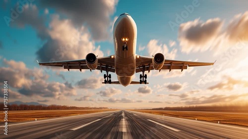 Taking off an airplane with clouds at sunset. Travel or commercial aviation concept video.