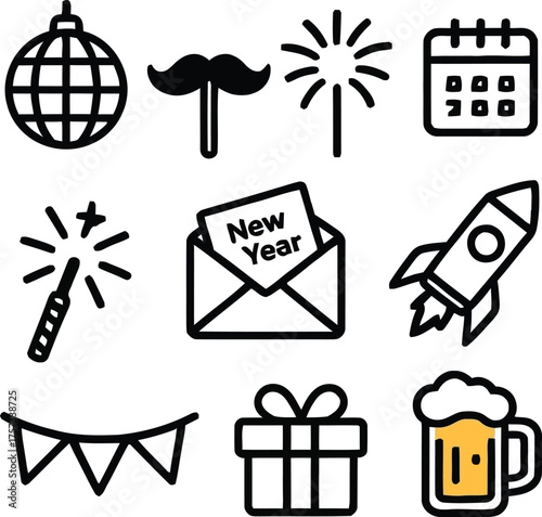 Midnight Celebration Collection: New Year Themed Icon Set Vector Illustration - Festive Symbols Dancing With Fresh Beginnings And Joy