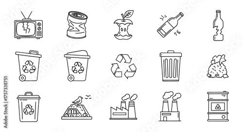 Collection of hand drawn icons representing various types of waste and recycling