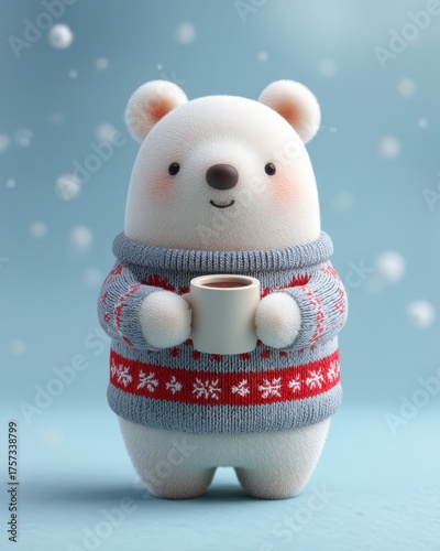 Polar bear wearing Christmas sweater holding hot cocoa in winter scene perfect for children clothing brand concept festive holiday marketing and playful kids fashion branding illustration