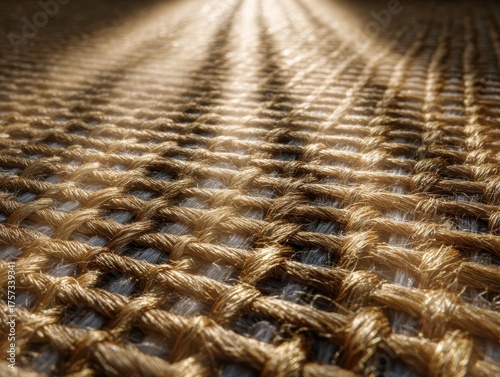 Close-Up of Interwoven Jute Texture with Sunlight: Detailed View of Natural Fiber Weave with Light and Shadow Play for Backgrounds and Design Elements