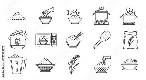 Collection of hand drawn rice cooking and preparation illustrations