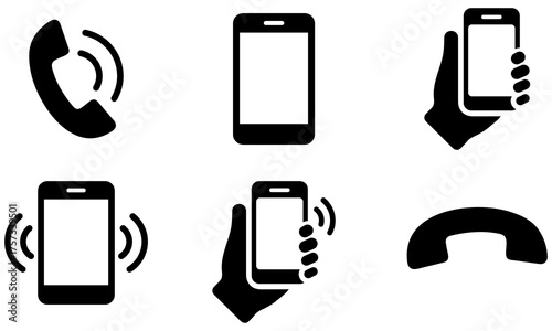 Phone icon set isolated on white background. Mobile phone ringing icon set. Smartphone call alert symbols. Phone alert and call signs. Mobile device ringing illustration. phone, call, device, vector