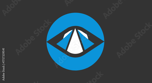 A geometric design featuring a blue circle enclosing an eye-like symbol in a gray background