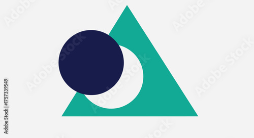 Abstract graphic composition with overlapping shapes. A dark blue circle, white crescent, and teal triangle