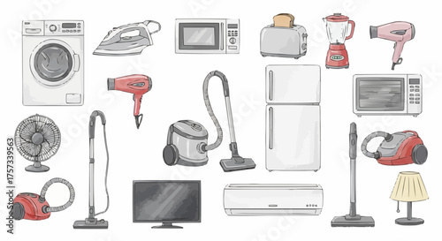 Watercolor household appliance collection, modern home electronics and tools in soft muted colors, clean illustrative domestic design