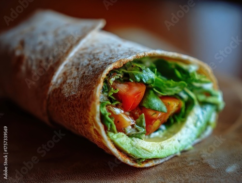 Garden Fresh Wrap: A Symphony of Greens, Tomatoes, and Avocado on Wooden Surface – Balanced Diet, Plant-Based, Colorful, Delicious, Nutritious, Lunchtime Delight