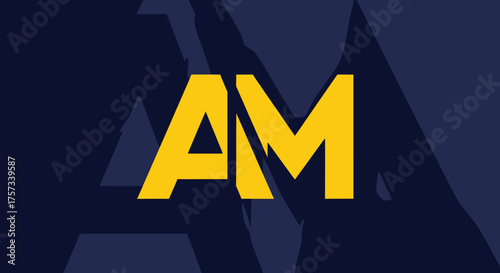 A bold yellow "AM" on a dark blue background with layered abstract shapes