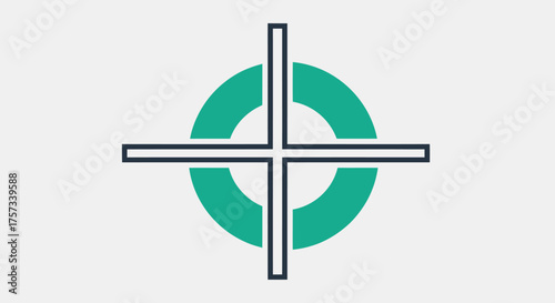 A minimalist design features a crosshair inside a circular shape, with a white background