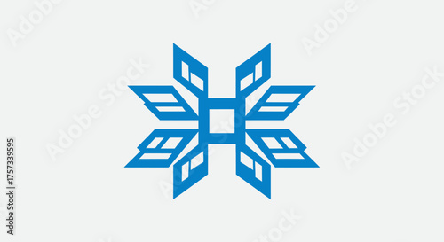 A symmetrical geometric design in blue on a white background, resembling a stylized snowflake