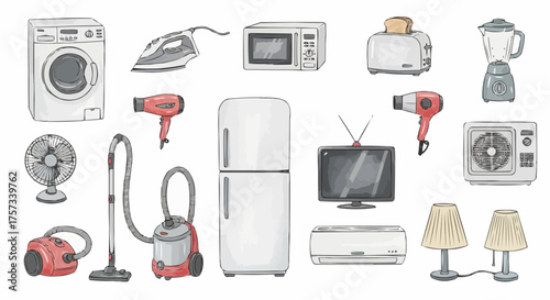 Watercolor household appliance collection, modern home electronics and tools in soft muted colors, clean illustrative domestic design