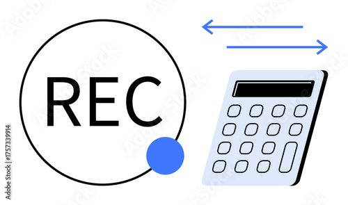 REC label with blue dot beside arrows indicating communication with a calculator. Ideal for productivity, data management, finance, automation, recording, data transfer, simple flat metaphor
