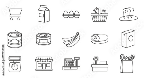 Hand drawn grocery icons representing food and shopping essentials