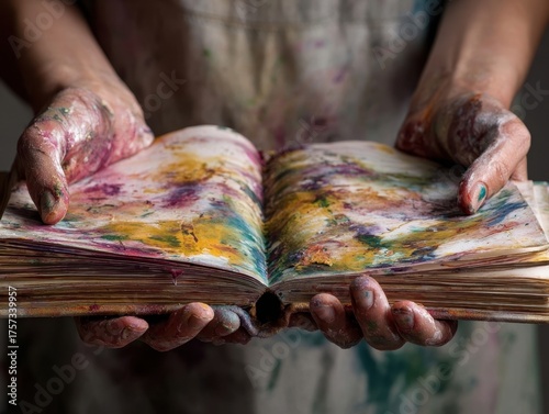 Artistic Hands Display: A Book of Colorful Expressions on Neutral Backdrop – Imagination, Open Book, Creativity, Exploration, Vintage Style, Artistic Craftsmanship