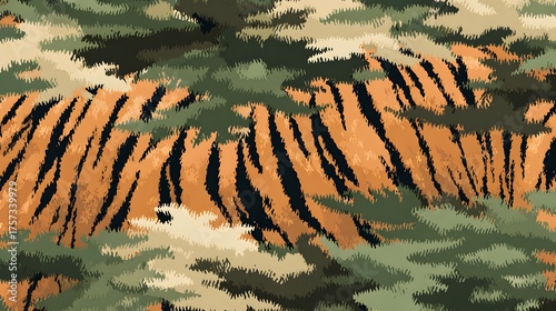 Pattern featuring tiger stripes in shades of orange and black partially obscured by a textured, camouflage-like design using green, brown, and beige elements, evoking the concept of wildlife