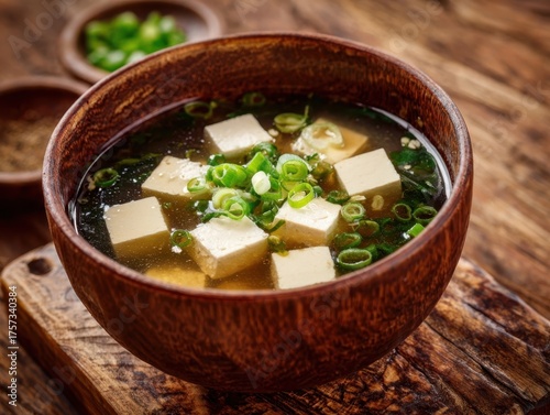 Savory Miso Soup in Rustic Wooden Bowl: Authentic Japanese Flavor, Soft Tofu Cubes, Fresh Green Onions, and Delicious Broth, Perfect for Healthy Meal, Umami Rich Taste, and Comforting Asian Food