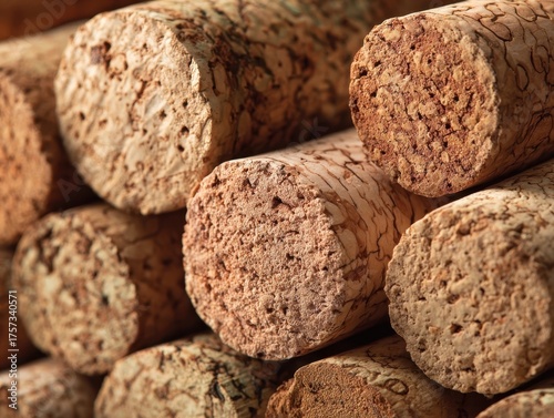 Close-Up of Wine Corks: A Detailed View of Stacked Corks Showing Grain, Texture, and Markings, Ideal for Food Blog Backgrounds or Vintage-Themed Designs