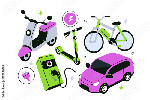 Electric transportation illustration. Modern eco vehicles, electric car, scooter, bicycle, motor scooter and charging station. City mobility and sustainable transport concept.
