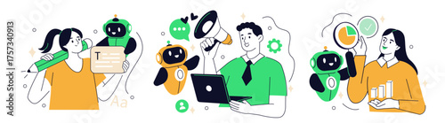 Digital marketing concept set. People using artificial intelligence tools for online promotion, content creation and data analysis. Smart assistant, chatbot, automation vector illustration.