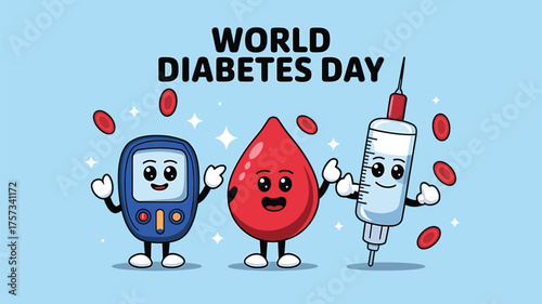 Vector art of world diabetes day cartoon with a glucose meter, blood drop, and syringe characters promoting health and awareness