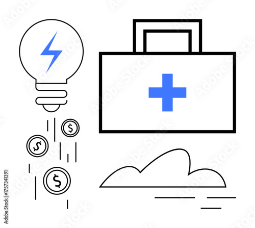 Lightbulb with lightning bolt, coins dropping, medical kit with cross, and abstract cloud design. Ideal for healthcare funding, innovation, medical solutions, cost efficiency, creativity financial