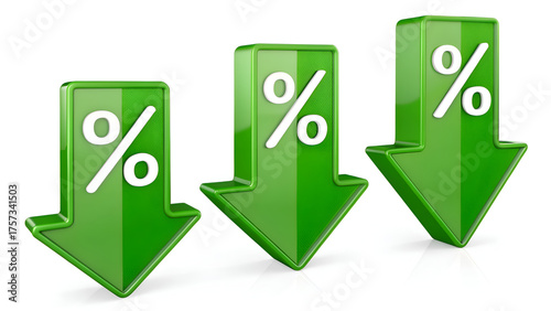 Green down arrows with percentage symbols signaling a significant economic downturn or sale event, perfect for financial reporting.