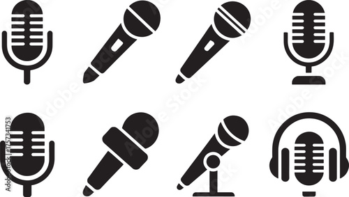 Variety of Microphone Icons in Black Silhouette for Audio Recording and Communication Needs broadcasting and podcasting equipment