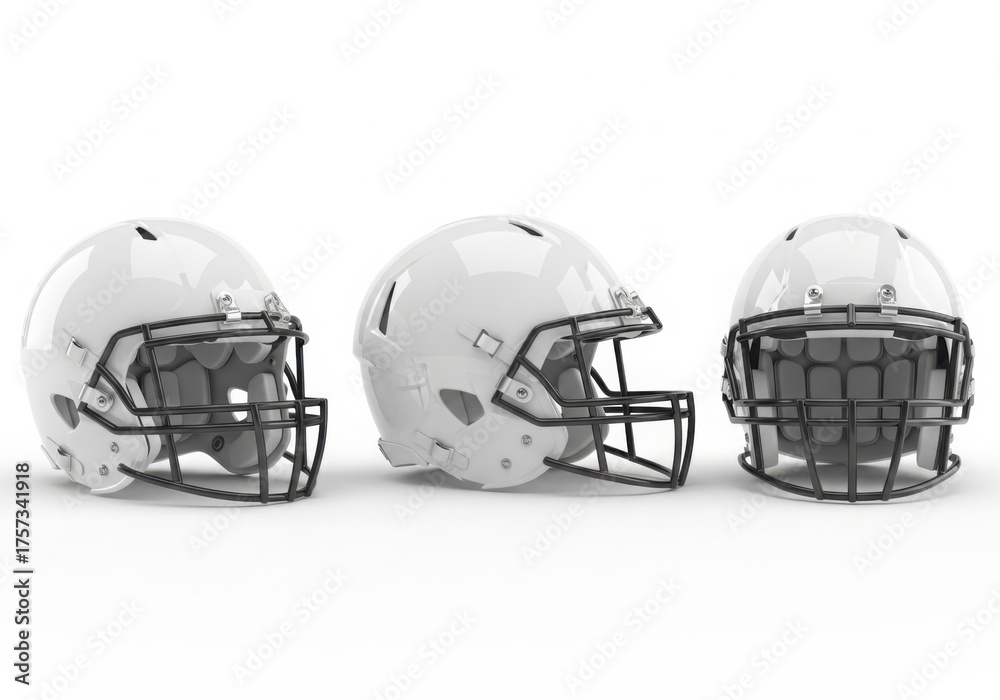 Fototapeta premium Three white football helmets displayed from different angles