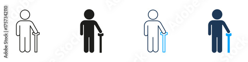Elderly Person With Cane Line And Solid Icon Set. Senior Mobility And Support Symbol Collection. Aging, Accessibility, And Assistance. Isolated Vector Illustration