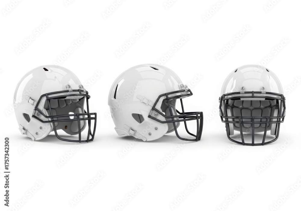 Fototapeta premium Three white american football helmets displayed in a row