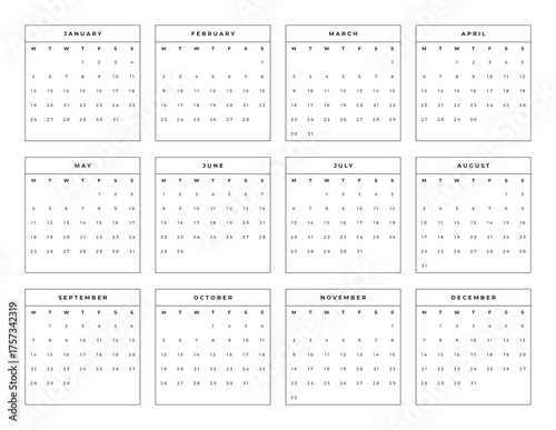 Εκτύπωση καμβά 2026 Minimalist Plain Yearly Calendar Printout - US Letter Size Jpeg
