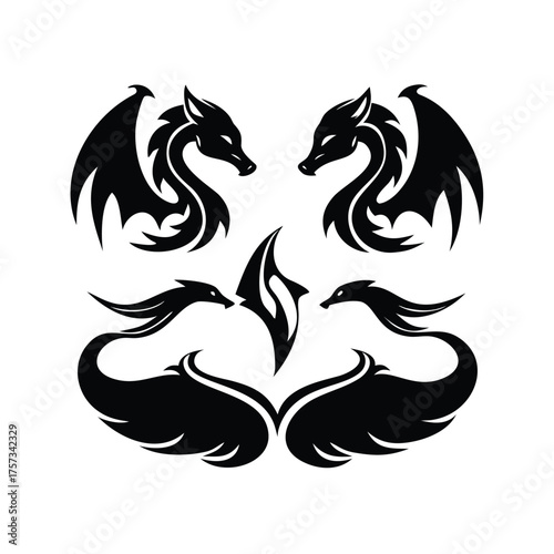 Symmetrical and Tribal Dragon Logo Vector Set