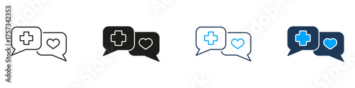 Medical And Heart Chat Bubble Line And Solid Icon Set. Healthcare Communication And Patient Support Symbol Collection. Medical Advice And Emotional Care. Isolated Vector Illustration
