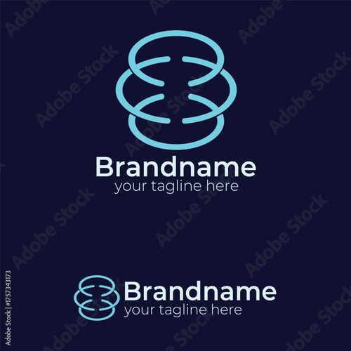 Abstract Interconnected Rings Logo Design Vector Template in Neon Blue Color Representing Data, Technology, Network, Global Connection, or Digital Security