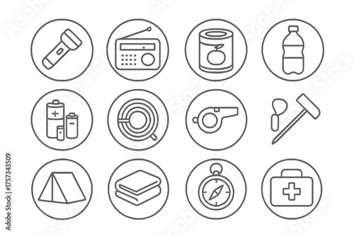 Disaster Preparedness Icons. Line style round icons of disaster preparedness: flashlight, radio, canned food, water bottle;