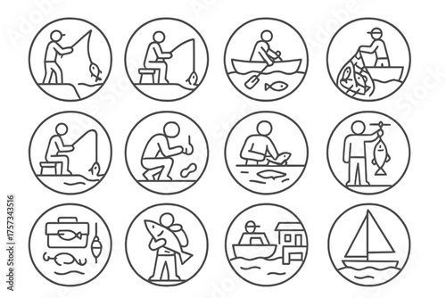 Fishing Icons Collection. Line style round icons of fishing activities: casting, reeling, rowing, hauling; waiting, baiting,